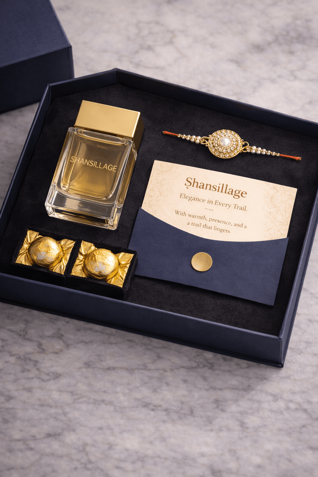 Luxury perfume gift set flatlay for festive occasions